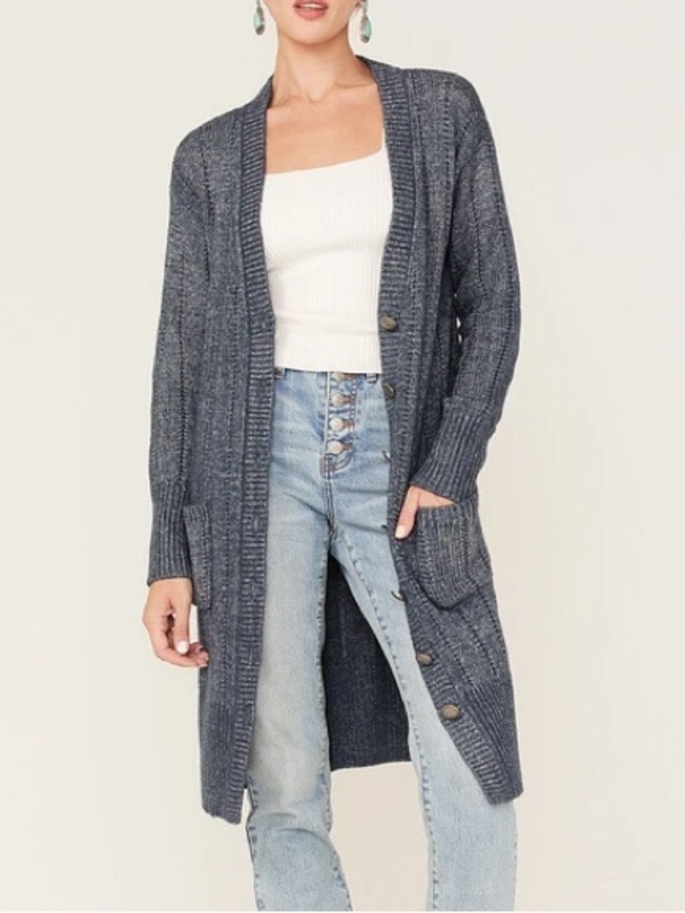 Cleo + Wolf Blue Cotton Wool Ribbed Long Cardigan Sweater Size S Boho Western